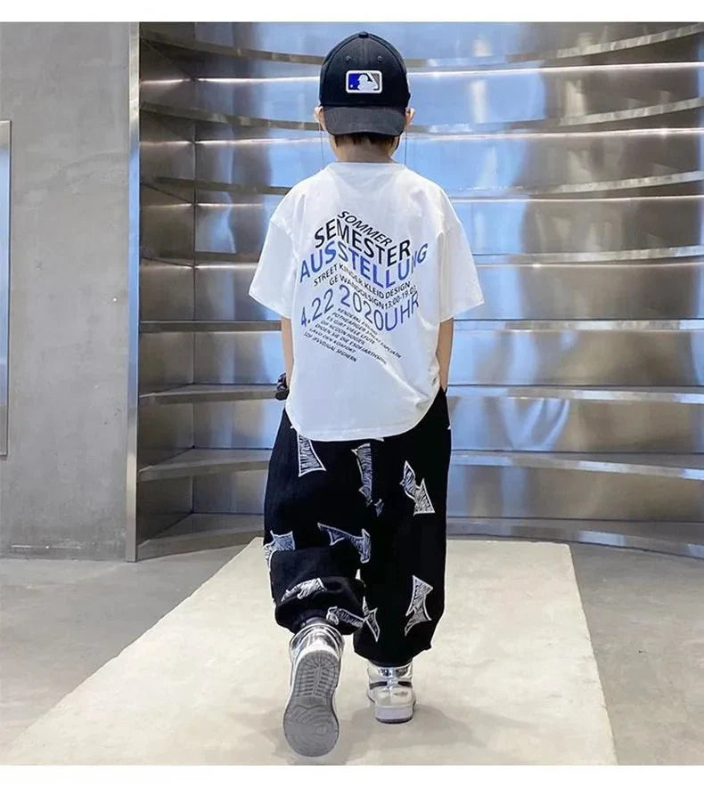 Children Summer Set - Children's Summer Set Korean Version Boy Hip Hop Loose Short Sleeve T-shirt Casual Mosquito Pants