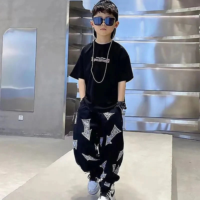 Children Summer Set - Children's Summer Set Korean Version Boy Hip Hop Loose Short Sleeve T-shirt Casual Mosquito Pants