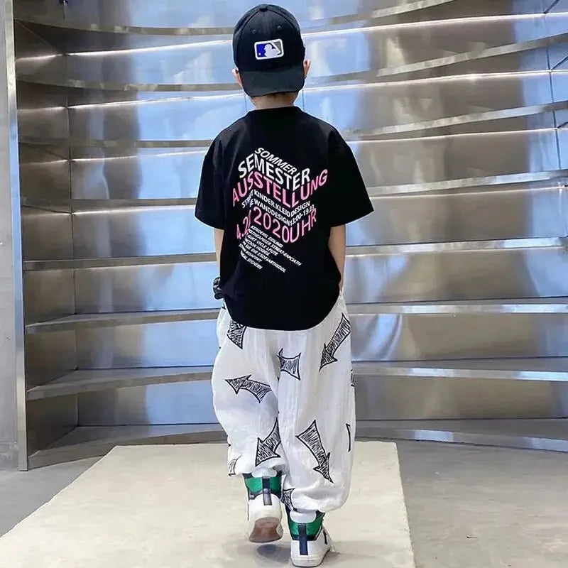 Children Summer Set - Children's Summer Set Korean Version Boy Hip Hop Loose Short Sleeve T-shirt Casual Mosquito Pants