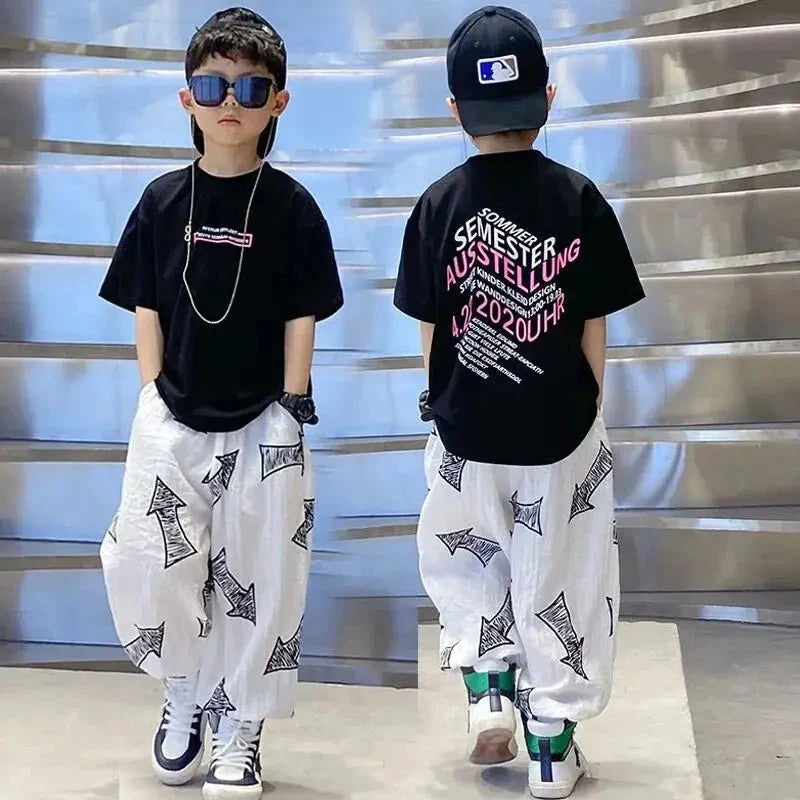 Children Summer Set - Children's Summer Set Korean Version Boy Hip Hop Loose Short Sleeve T-shirt Casual Mosquito Pants