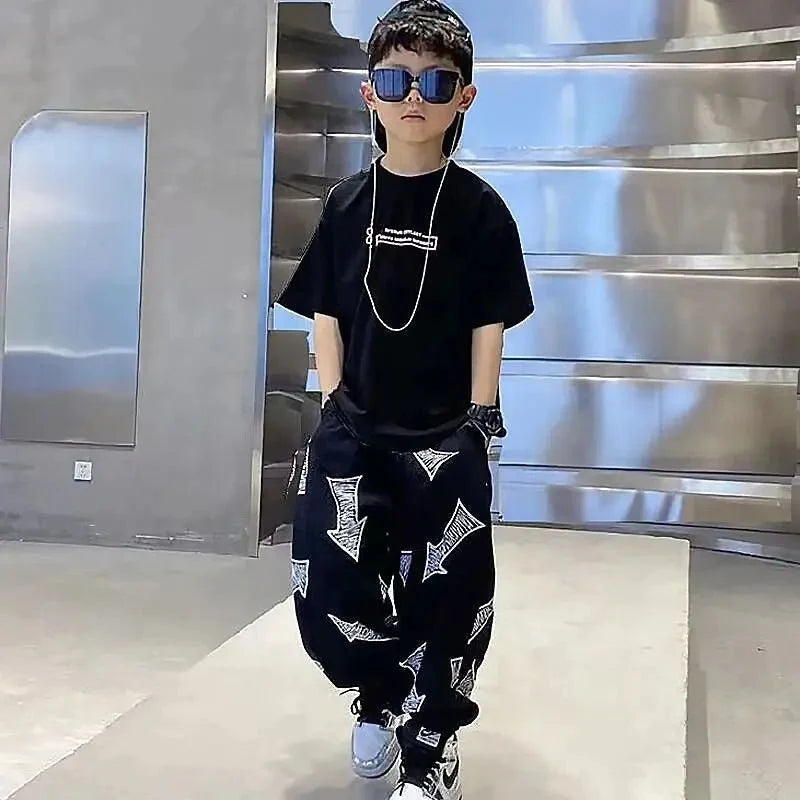 Children Summer Set - Children's Summer Set Korean Version Boy Hip Hop Loose Short Sleeve T-shirt Casual Mosquito Pants