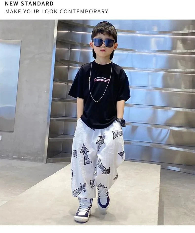 Children Summer Set - Children's Summer Set Korean Version Boy Hip Hop Loose Short Sleeve T-shirt Casual Mosquito Pants