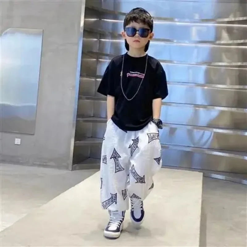 Children Summer Set - Children's Summer Set Korean Version Boy Hip Hop Loose Short Sleeve T-shirt Casual Mosquito Pants