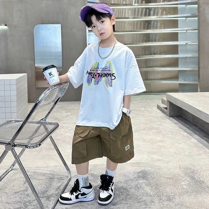 Clothing Sets Big Children Short-sleeved Top+Shorts Suits Teenager T-shirt Loose Sports 2Pcs Outfits - Boys Summer & Party