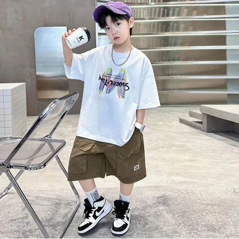Clothing Sets Big Children Short-sleeved Top+Shorts Suits Teenager T-shirt Loose Sports 2Pcs Outfits - Boys Summer & Party