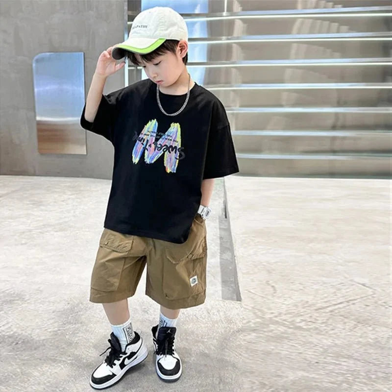 Clothing Sets Big Children Short-sleeved Top+Shorts Suits Teenager T-shirt Loose Sports 2Pcs Outfits - Boys Summer & Party