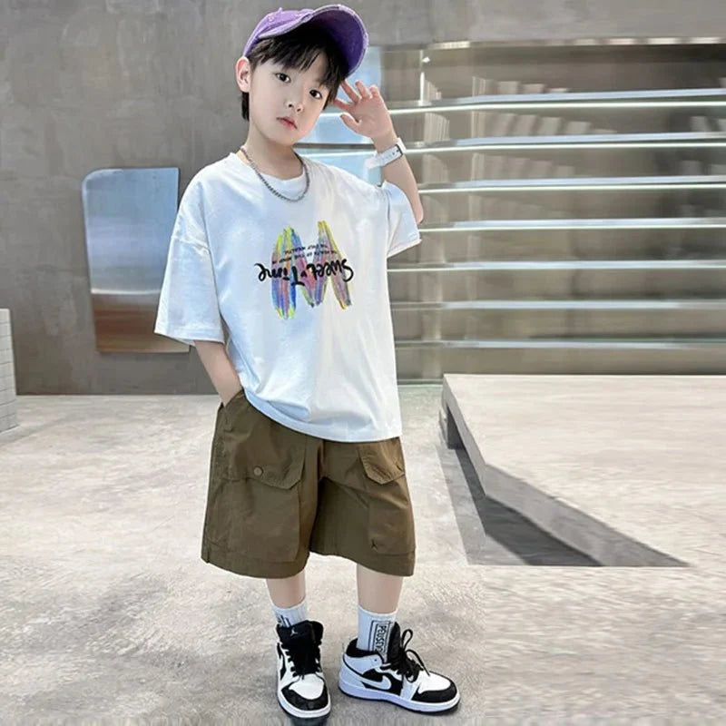 Clothing Sets Big Children Short-sleeved Top+Shorts Suits Teenager T-shirt Loose Sports 2Pcs Outfits - Boys Summer & Party