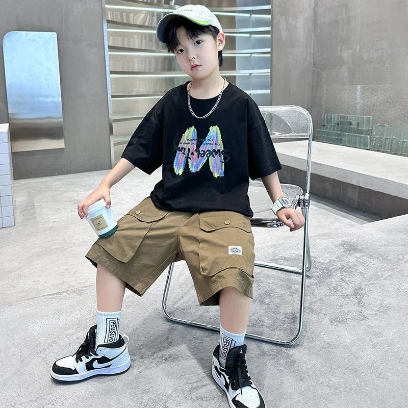 Clothing Sets Big Children Short-sleeved Top+Shorts Suits Teenager T-shirt Loose Sports 2Pcs Outfits - Boys Summer & Party