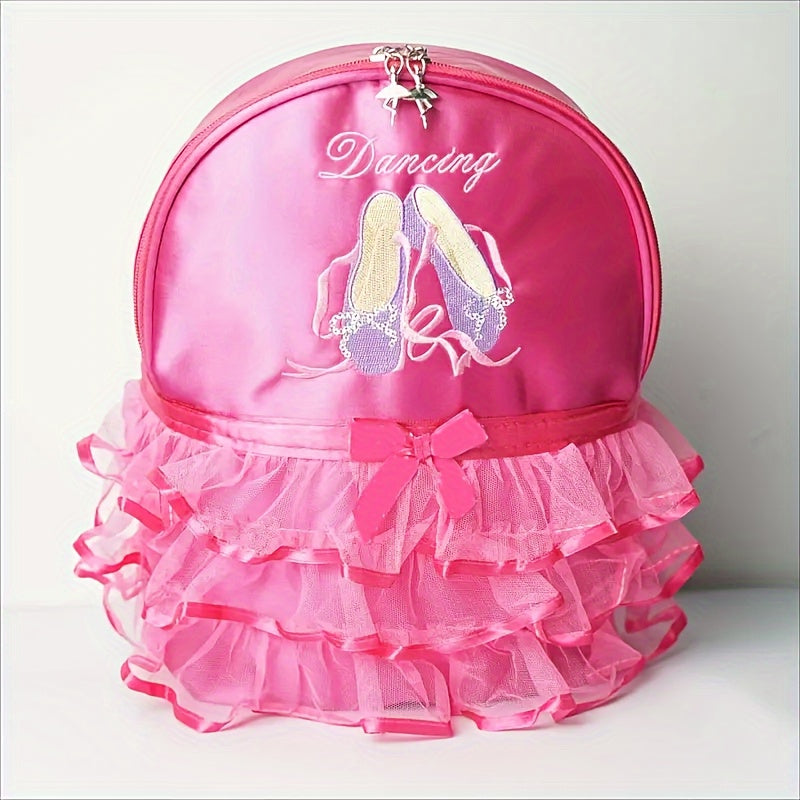 Chic Magenta Ballet Dance Backpack with Embroidered Shoes & Bow Detail - Lightweight, Foldable Nylon School Bag with Adjustable Straps, Zip Closure, and Laptop Compartment