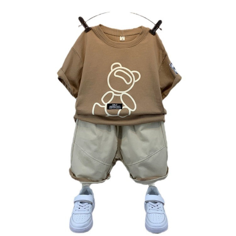 Boys And Girls Solid Color Bear Print Armband T-shirt Short Sleeve Two-piece Set - Boys & Kids dresses - Baby's World (view