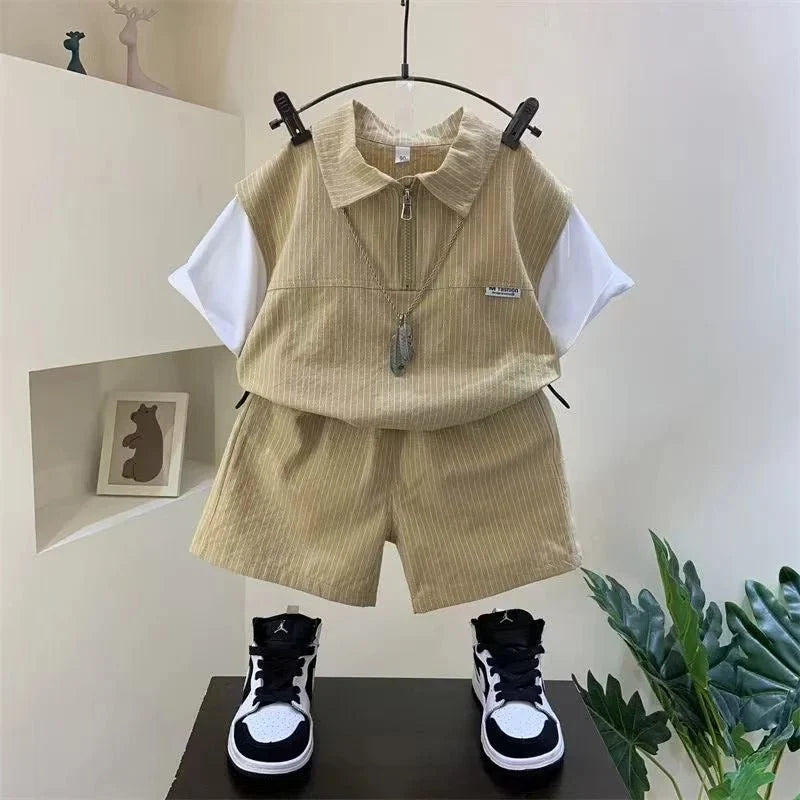 Fashion Summer Striped Half Zipper Cotton Short Sleeve Shirts And Pants 2 Piece Baby Boy Clothes Kids 1-8T Leisure Sport