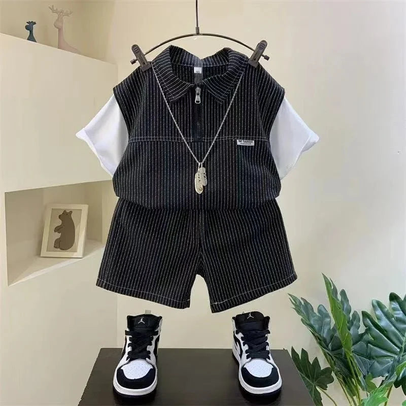 Fashion Summer Striped Half Zipper Cotton Short Sleeve Shirts And Pants 2 Piece Baby Boy Clothes Kids 1-8T Leisure Sport
