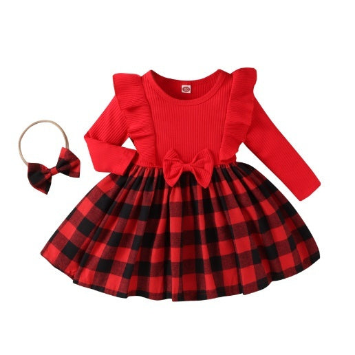 Red Children's Cotton Stitching Tartan Skirt