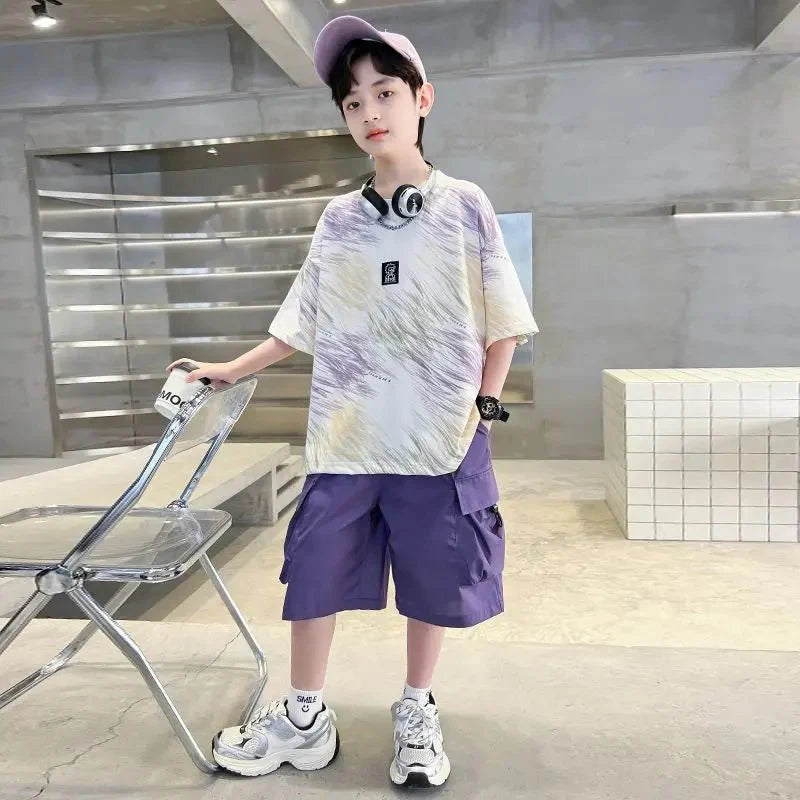 Hip Hop Children Cotton Solid Sportswear Kid Boys Clothing Set Boys Summer Suit Teen Boys Short Sleeve + Pants 2piece loose