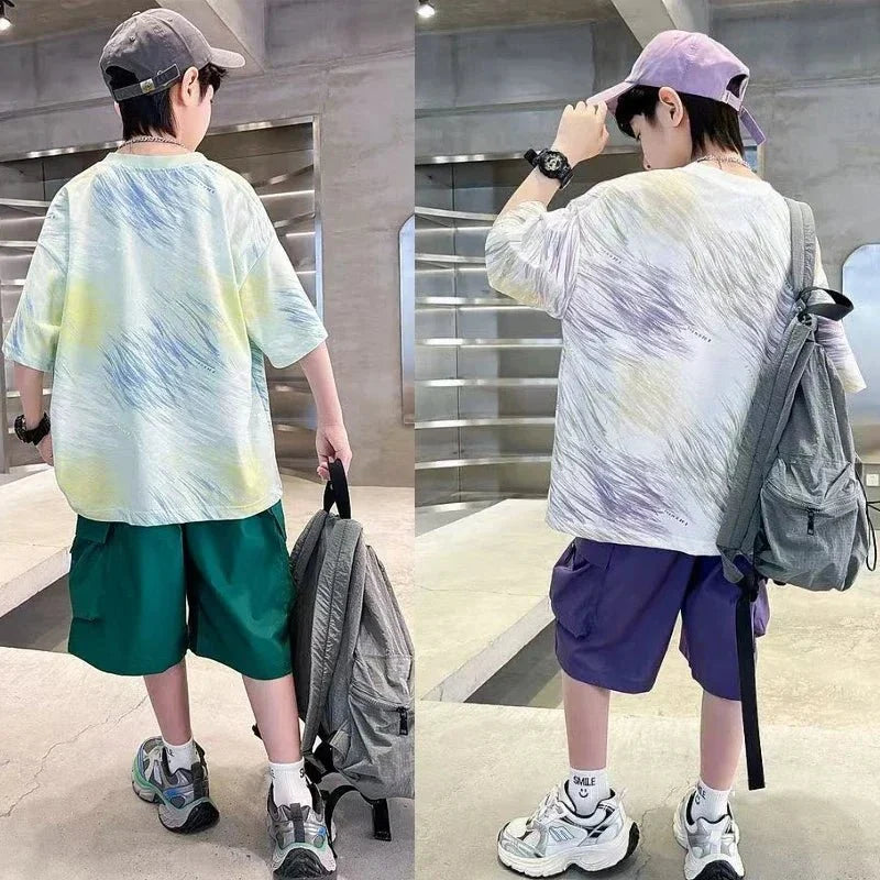 Hip Hop Children Cotton Solid Sportswear Kid Boys Clothing Set Boys Summer Suit Teen Boys Short Sleeve + Pants 2piece loose