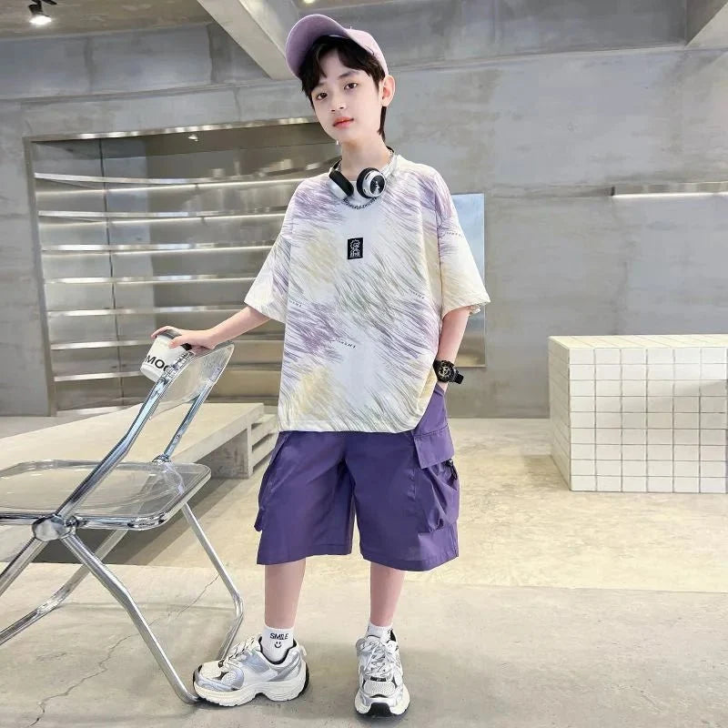 Hip Hop Children Cotton Solid Sportswear Kid Boys Clothing Set Boys Summer Suit Teen Boys Short Sleeve + Pants 2piece loose
