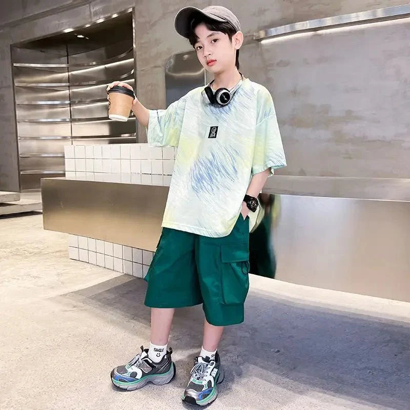 Hip Hop Children Cotton Solid Sportswear Kid Boys Clothing Set Boys Summer Suit Teen Boys Short Sleeve + Pants 2piece loose