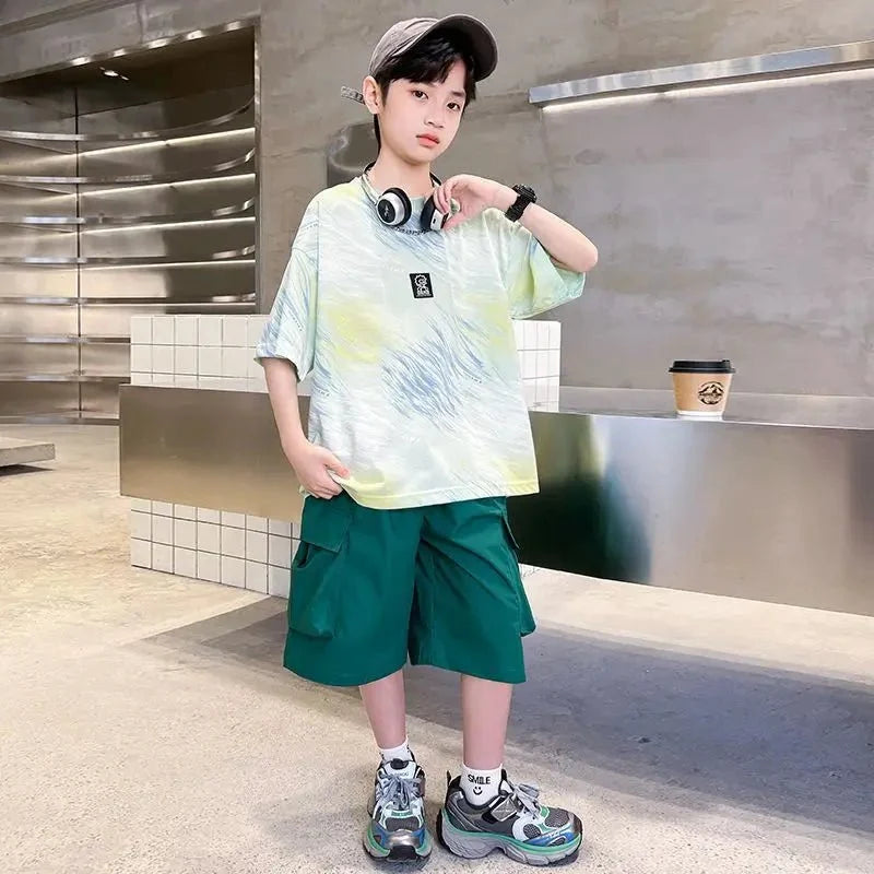 Hip Hop Children Cotton Solid Sportswear Kid Boys Clothing Set Boys Summer Suit Teen Boys Short Sleeve + Pants 2piece loose
