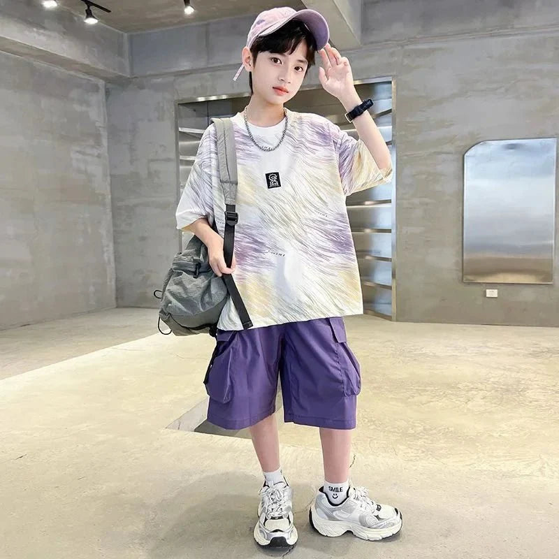 Hip Hop Children Cotton Solid Sportswear Kid Boys Clothing Set Boys Summer Suit Teen Boys Short Sleeve + Pants 2piece loose
