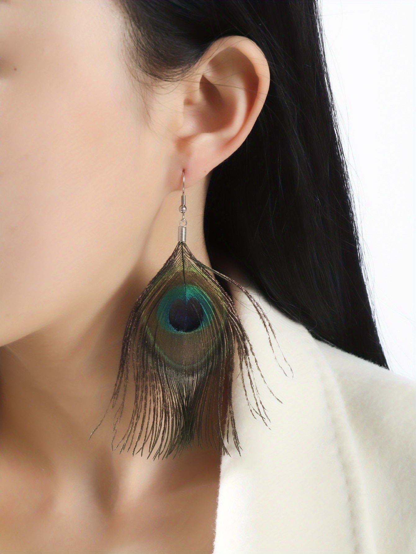 Vintage Bohemian Green Tassel Earrings with Imitation Peacock Feathers - Long Drop Earrings for Women's Dress Accessories