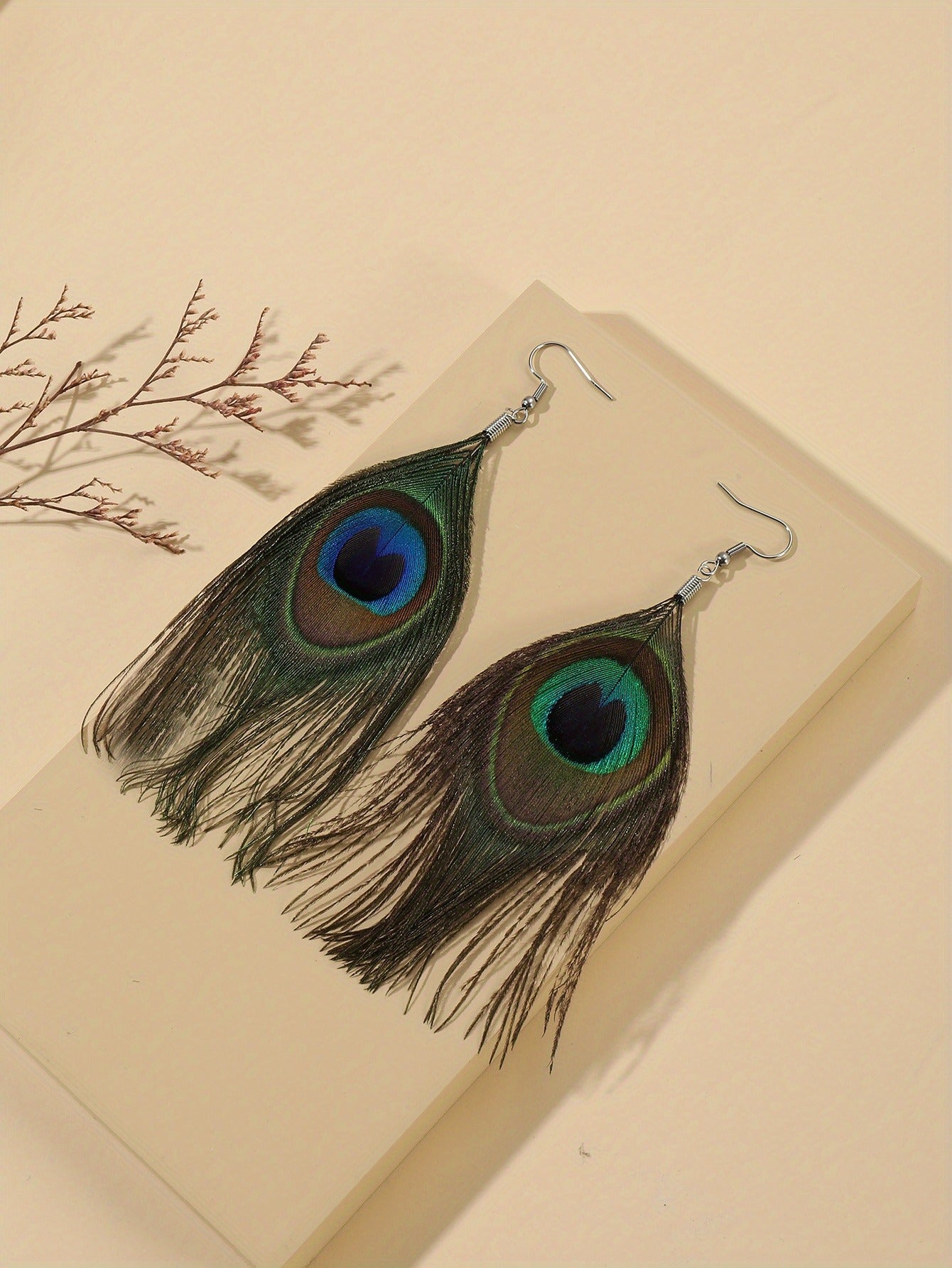 Vintage Bohemian Green Tassel Earrings with Imitation Peacock Feathers - Long Drop Earrings for Women's Dress Accessories