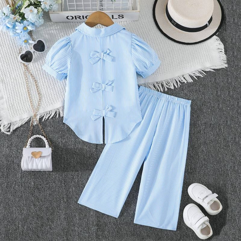 Girls' Blue and White Striped Two-Piece Shirt Set: Striped Shirt + Wide-Leg Pants