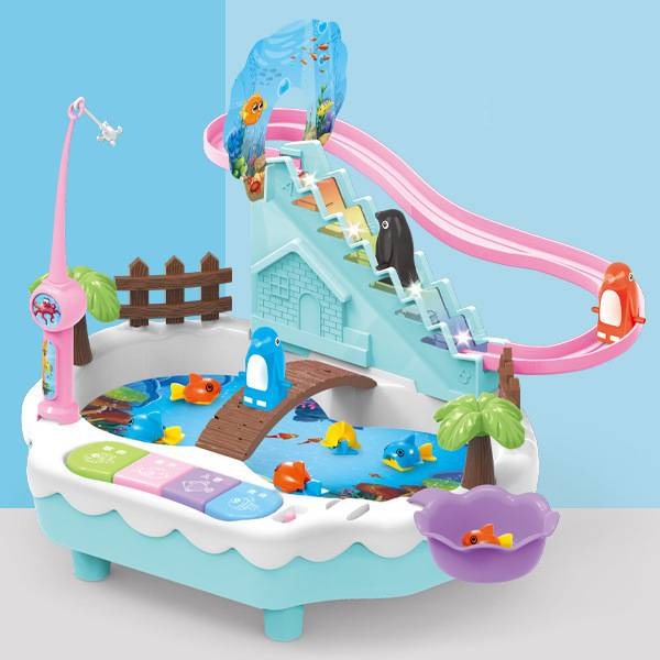 Children's magnetic fishing toy with penguin climbing stairs music Battery operated toys