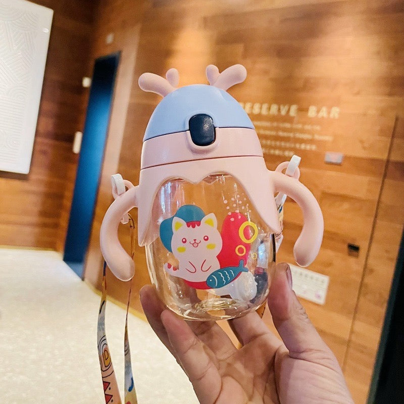 Cute Baby Cartoon Bottle Plastic Learning Cup with lid 350ml
