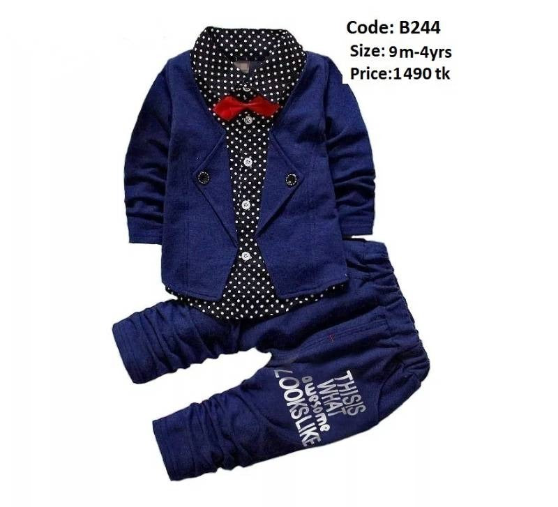 Stylish Navy Jacket Style Shirt With Bow And Pant Set
