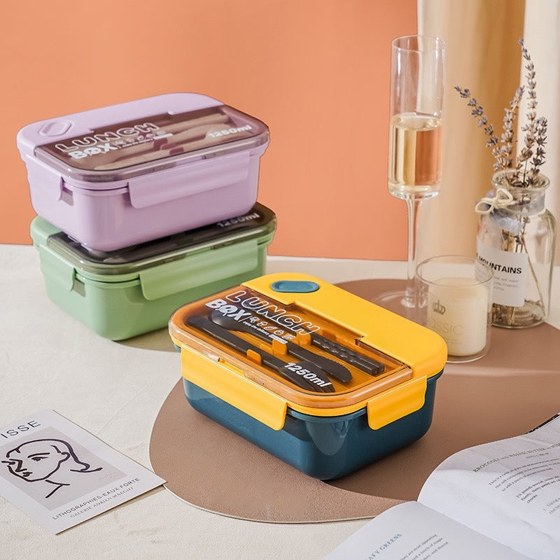 Microwaveable compartmented food-grade plastic lunch box portable fork and spoon 1200ml