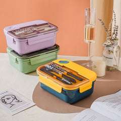 Microwaveable compartmented food-grade plastic lunch box portable fork and spoon 1200ml