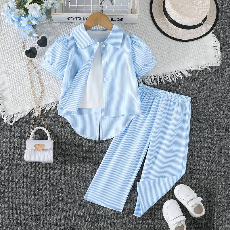 Girls' Blue and White Striped Two-Piece Shirt Set: Striped Shirt + Wide-Leg Pants