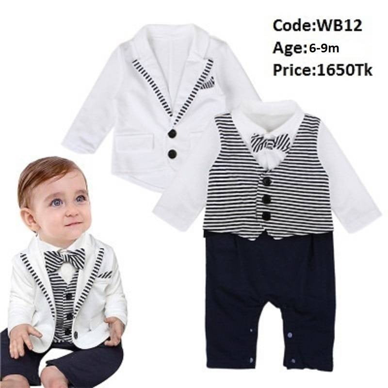 Boy Gentleman Bow Tie Striped Long-sleeved One-piece Romper With Jacket