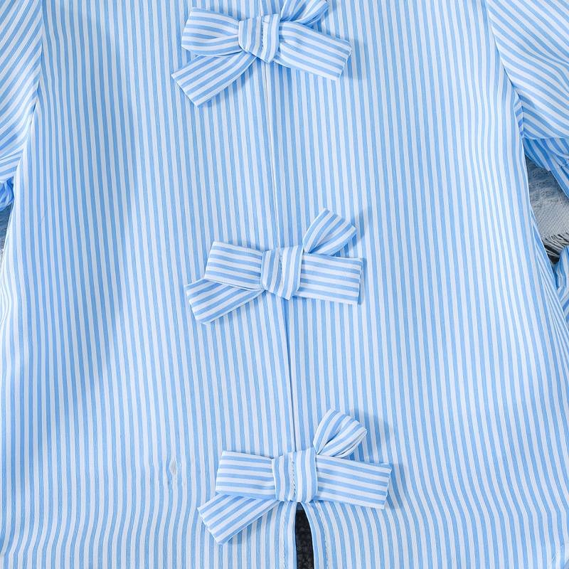 Girls' Blue and White Striped Two-Piece Shirt Set: Striped Shirt + Wide-Leg Pants