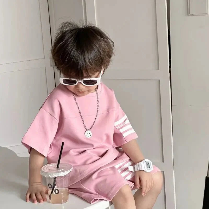 Kids Sportswear Piece - Kids Sportswear 2 Piece Set Korean Style Short Sleeve and Shorts Outfit for Boys and Girls - Boys