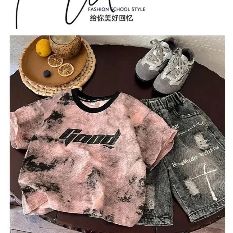 Korean Boys Summer Children's Top and Bottom 2PC Sets Short Sleeve T-Shirt & Denim Shorts Kids Clothes 1-7 Years Black