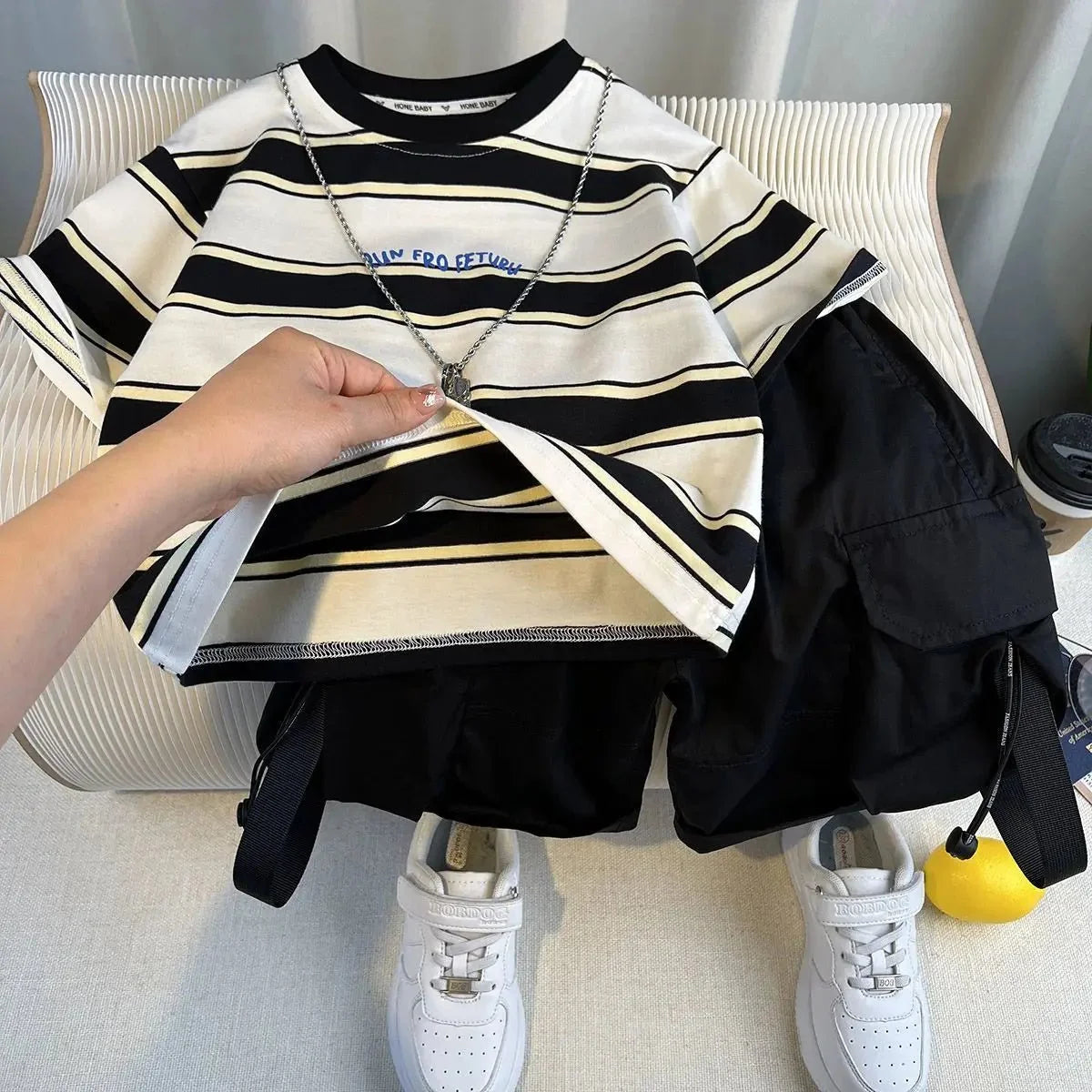 Korean Boys Summer Children's Top and Bottom 2PC Sets Short Sleeve T-Shirt & Denim Shorts Kids Clothes 1-7 Years Black