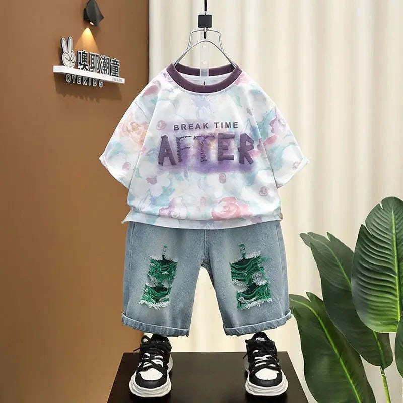 Korean Boys Summer Children's Top and Bottom 2PC Sets Short Sleeve T-Shirt & Denim Shorts Kids Clothes 1-7 Years Black