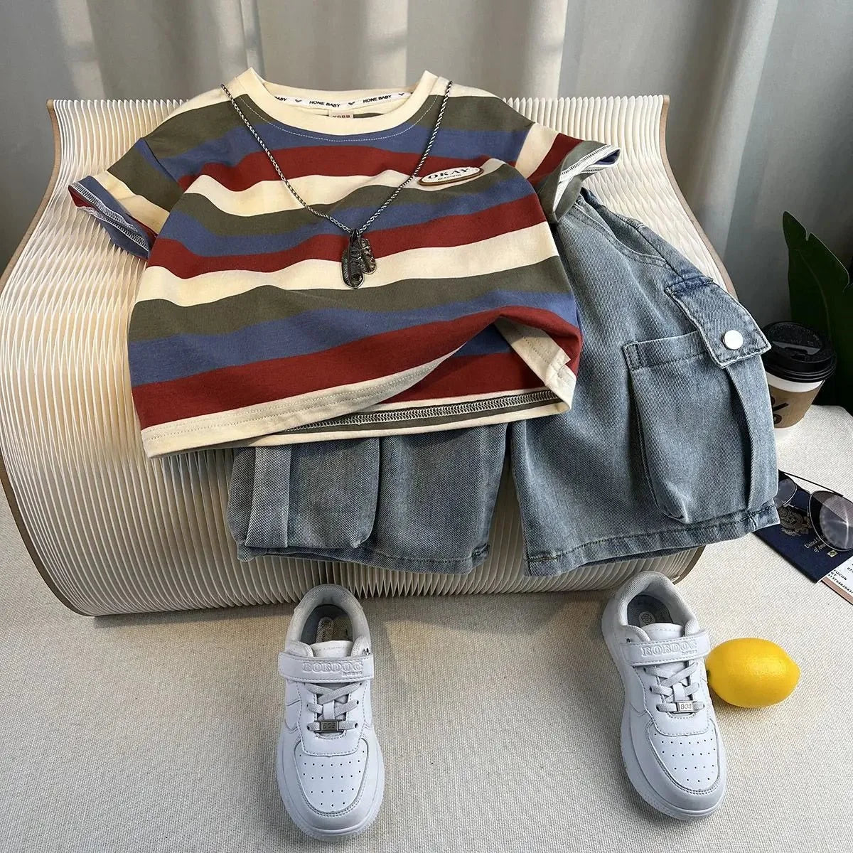 Korean Boys Summer Children's Top and Bottom 2PC Sets Short Sleeve T-Shirt & Denim Shorts Kids Clothes 1-7 Years Black