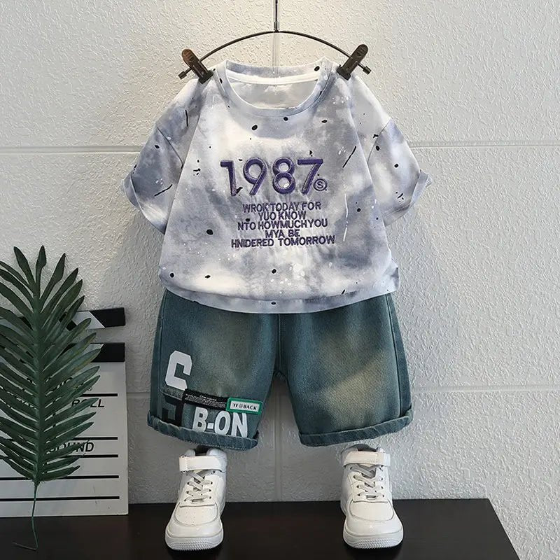Korean Boys Summer Children's Top and Bottom 2PC Sets Short Sleeve T-Shirt & Denim Shorts Kids Clothes 1-7 Years Black