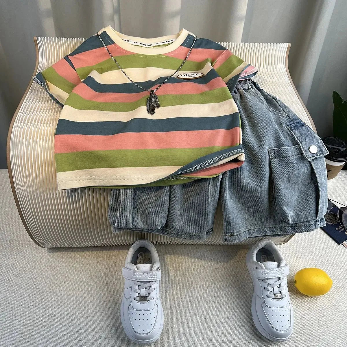 Korean Boys Summer Children's Top and Bottom 2PC Sets Short Sleeve T-Shirt & Denim Shorts Kids Clothes 1-7 Years Black