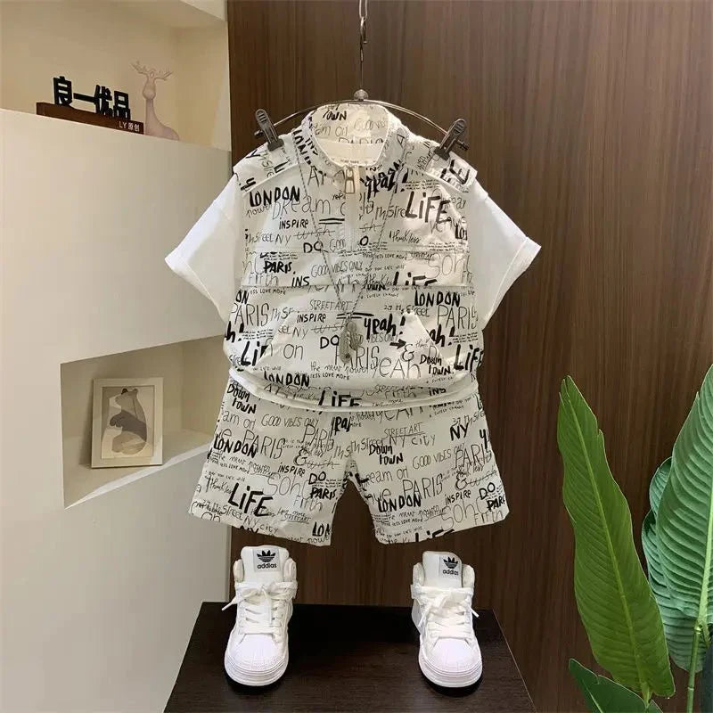 Korean Boys Summer Children's Top and Bottom 2PC Sets Short Sleeve T-Shirt & Denim Shorts Kids Clothes 1-7 Years Black