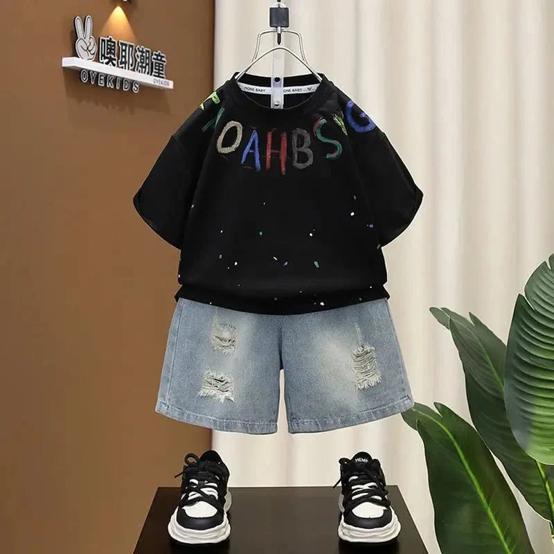 Korean Boys Summer Children's Top and Bottom 2PC Sets Short Sleeve T-Shirt & Denim Shorts Kids Clothes 1-7 Years Black