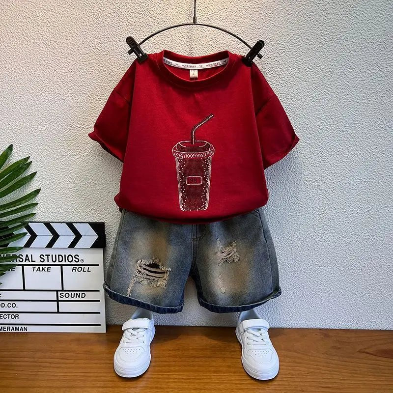 Korean Boys Summer Children's Top and Bottom 2PC Sets Short Sleeve T-Shirt & Denim Shorts Kids Clothes 1-7 Years Black