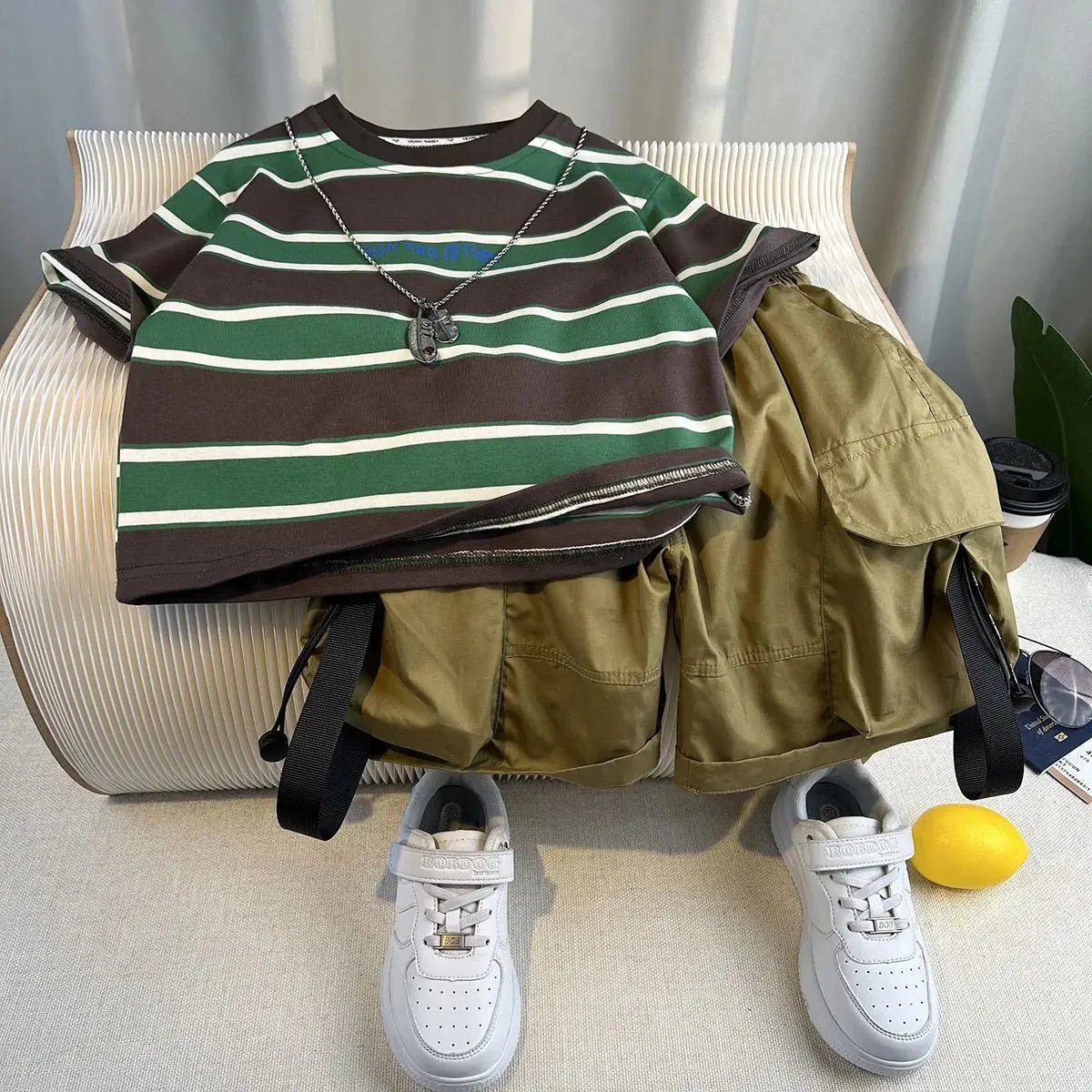 Korean Boys Summer Children's Top and Bottom 2PC Sets Short Sleeve T-Shirt & Denim Shorts Kids Clothes 1-7 Years Black