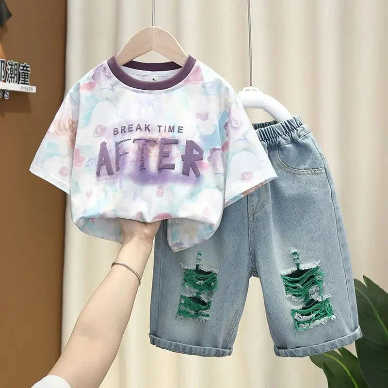 Korean Boys Summer Children's Top and Bottom 2PC Sets Short Sleeve T-Shirt & Denim Shorts Kids Clothes 1-7 Years Black