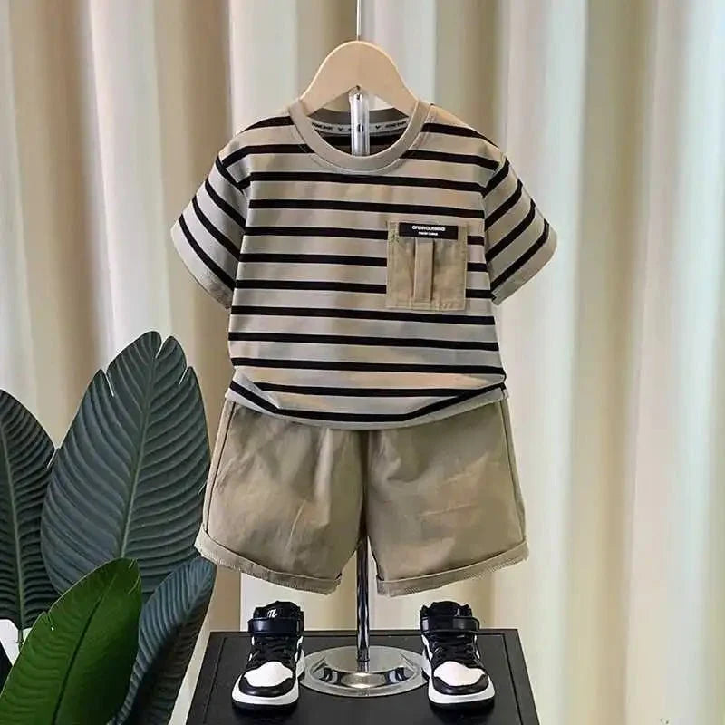 Korean Boys Summer Children's Top and Bottom 2PC Sets Short Sleeve T-Shirt & Denim Shorts Kids Clothes 1-7 Years Black