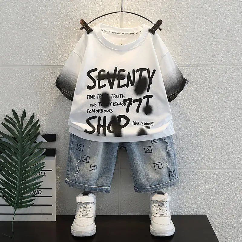 Korean Boys Summer Children's Top and Bottom 2PC Sets Short Sleeve T-Shirt & Denim Shorts Kids Clothes 1-7 Years Black