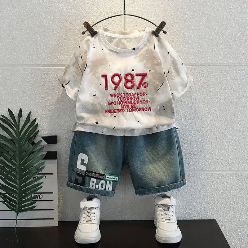 Korean Boys Summer Children's Top and Bottom 2PC Sets Short Sleeve T-Shirt & Denim Shorts Kids Clothes 1-7 Years Black