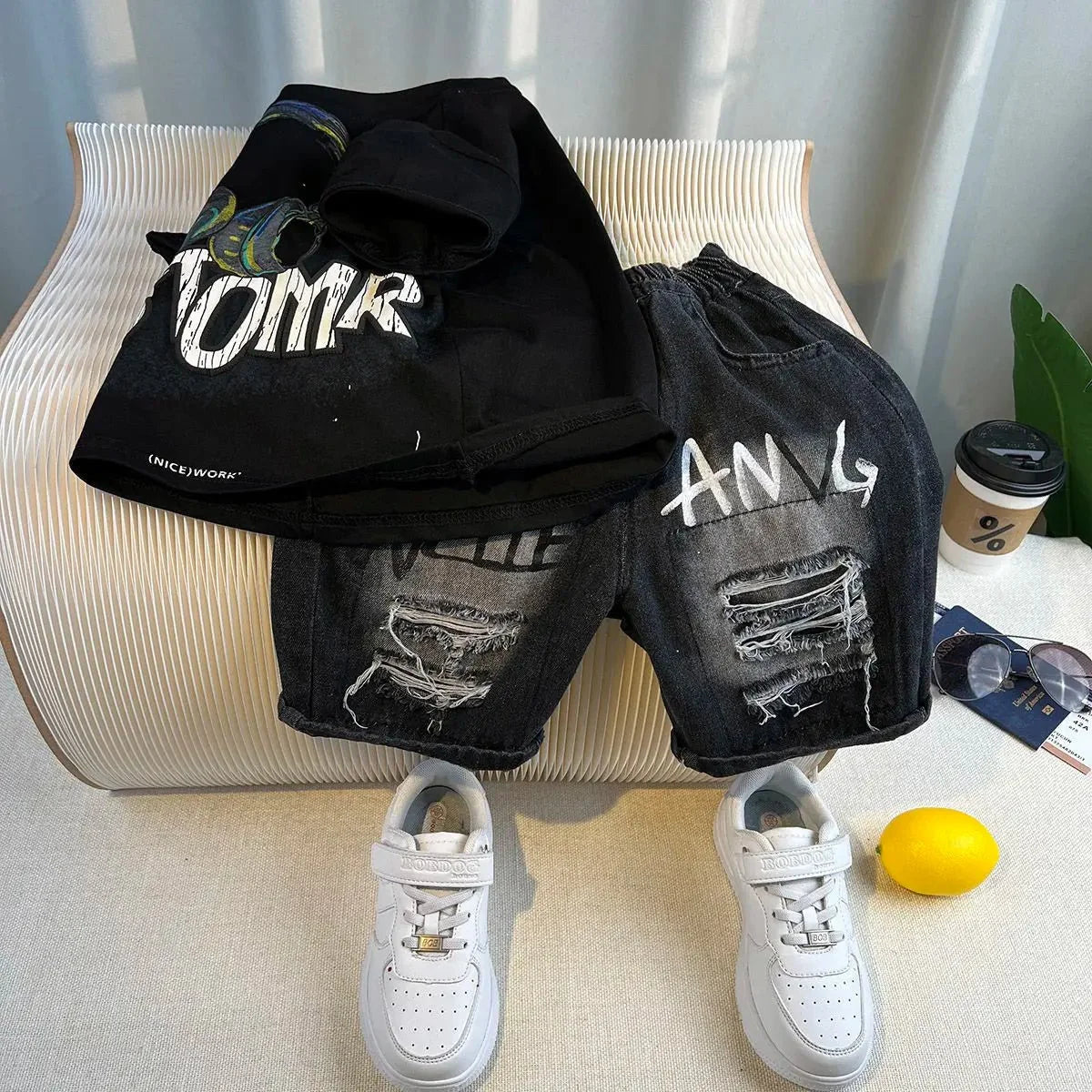 Korean Boys Summer Children's Top and Bottom 2PC Sets Short Sleeve T-Shirt & Denim Shorts Kids Clothes 1-7 Years Black